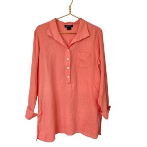 100% Linen Tunic Quarter button collar Peach sz 12 Lagenlook Vacation Midi